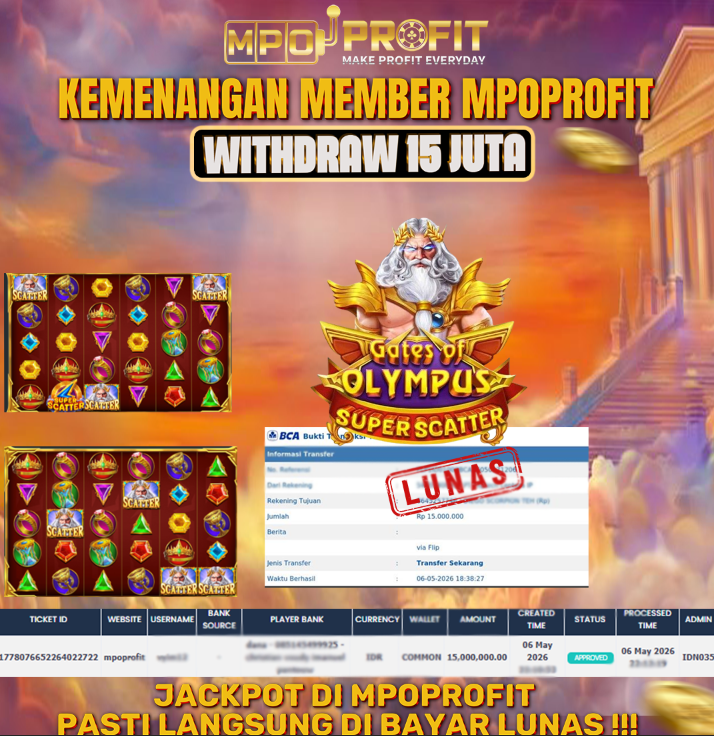 MPOPROFIT JACKPOT SLOT PRAGMATIC PLAY! KEMENANGAN MURNI DI (GATES OF OLYMPUS SUPER SCATTER TOTAL Rp 15.000.000,- LUNAS)